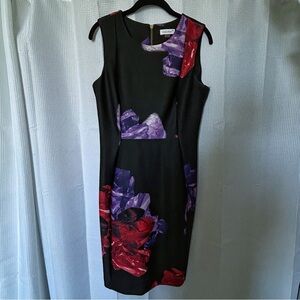 Calvin Klein Sleeveless Sheath Dress – Black Purple Red Gem Print – Size 10